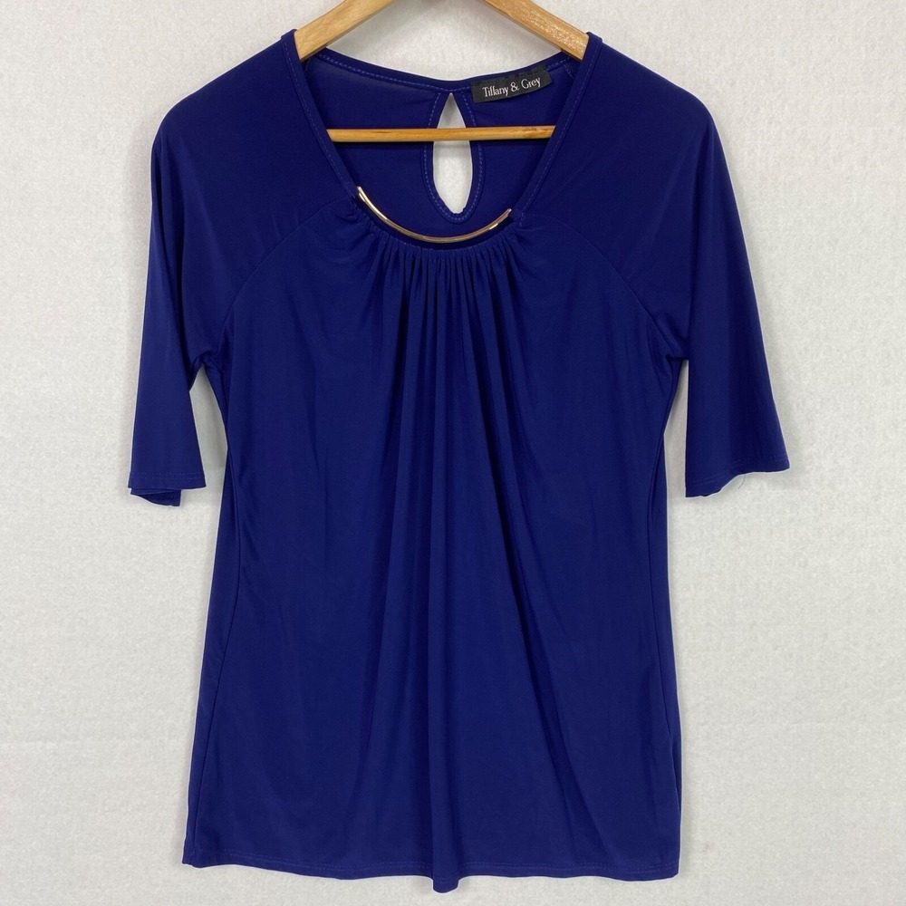Tiffany & Grey Women L Shirt Navy Blue Gold Necklace Accent Bling Stretch Blouse